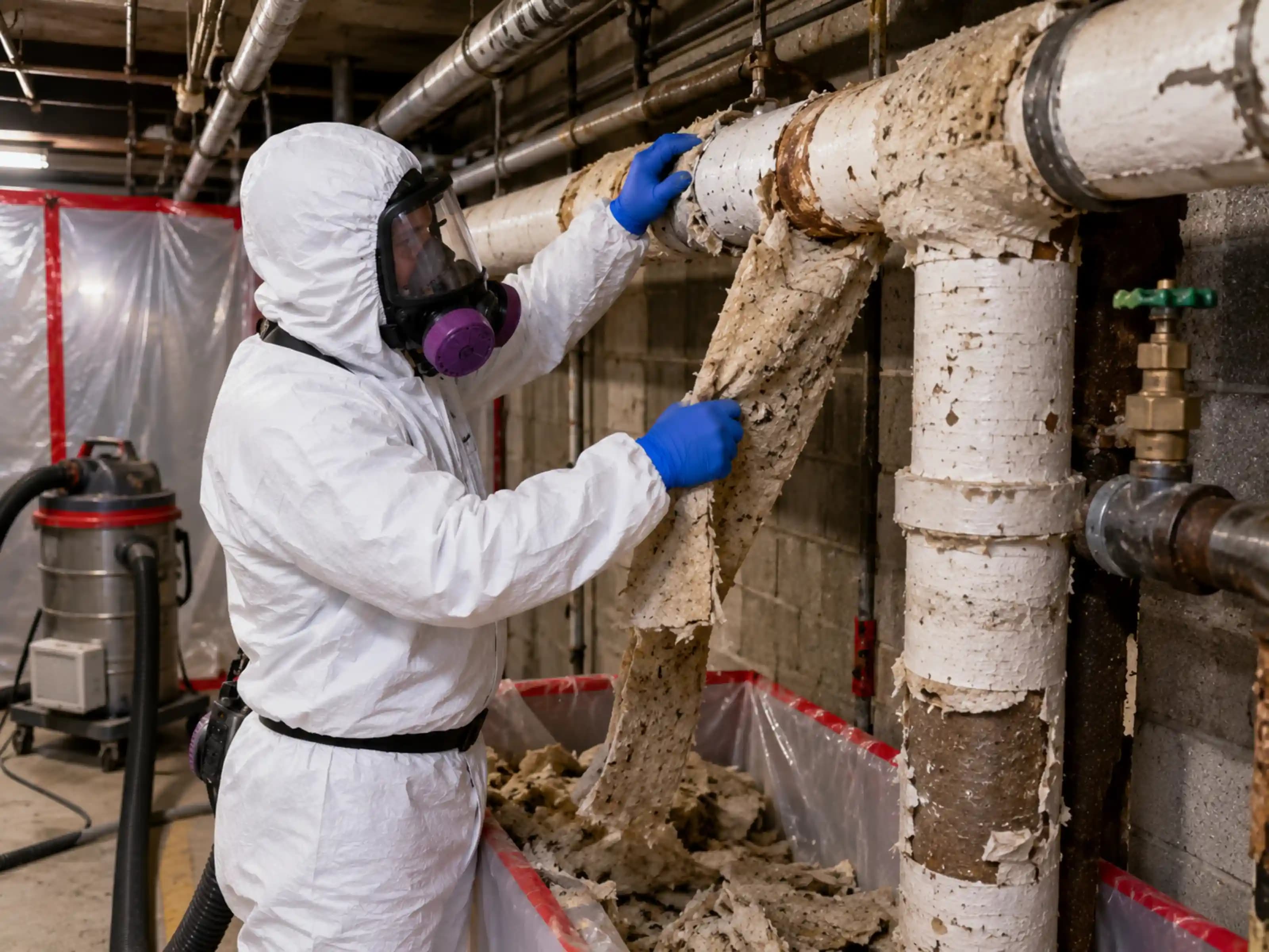 Asbestos abatement worker in PPE removing pipe insulation in a commercial mechanical room
