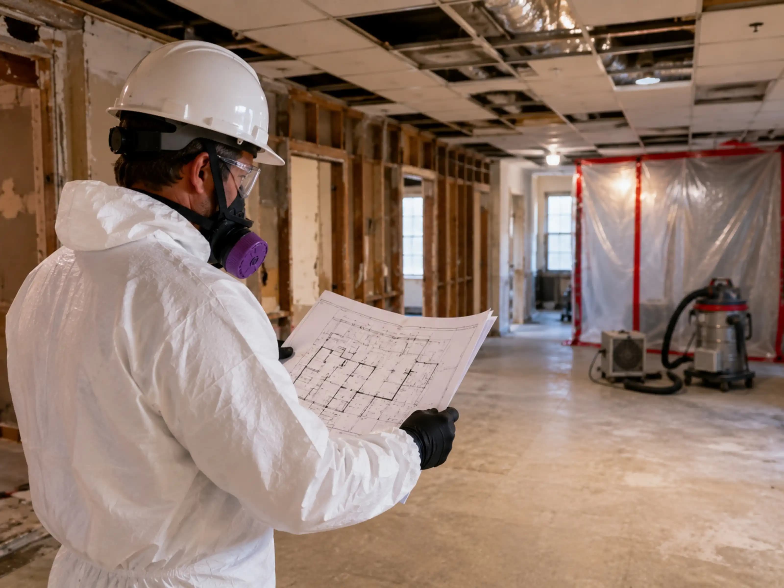 Contractor reviewing renovation abatement preparation in an older building interior before asbestos removal begins