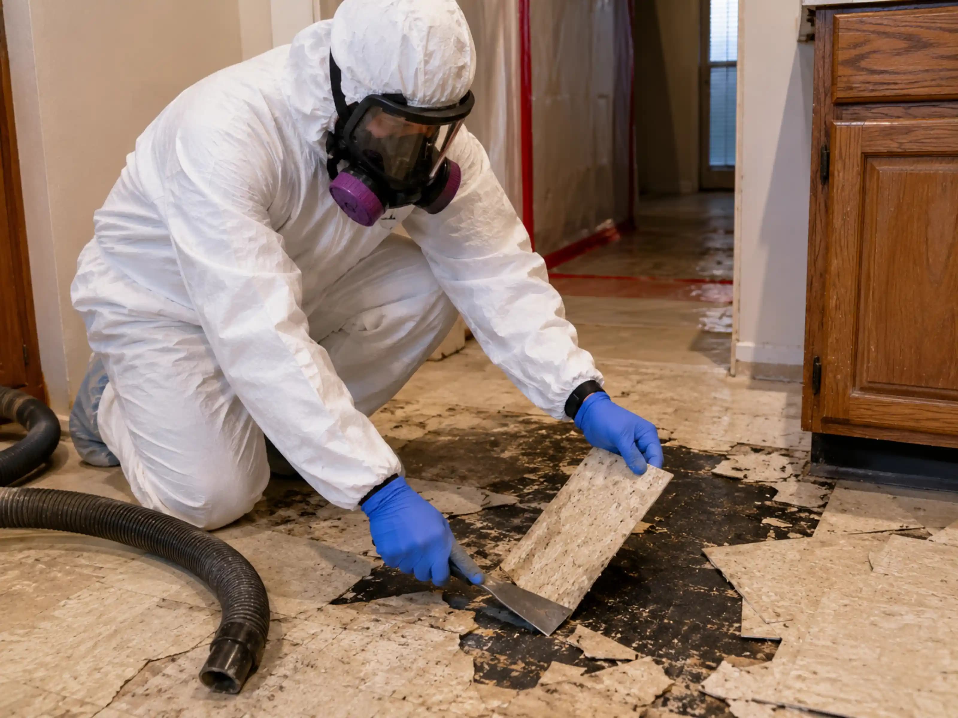 Asbestos abatement technician removing older vinyl floor tiles and black mastic adhesive from a residential subfloor