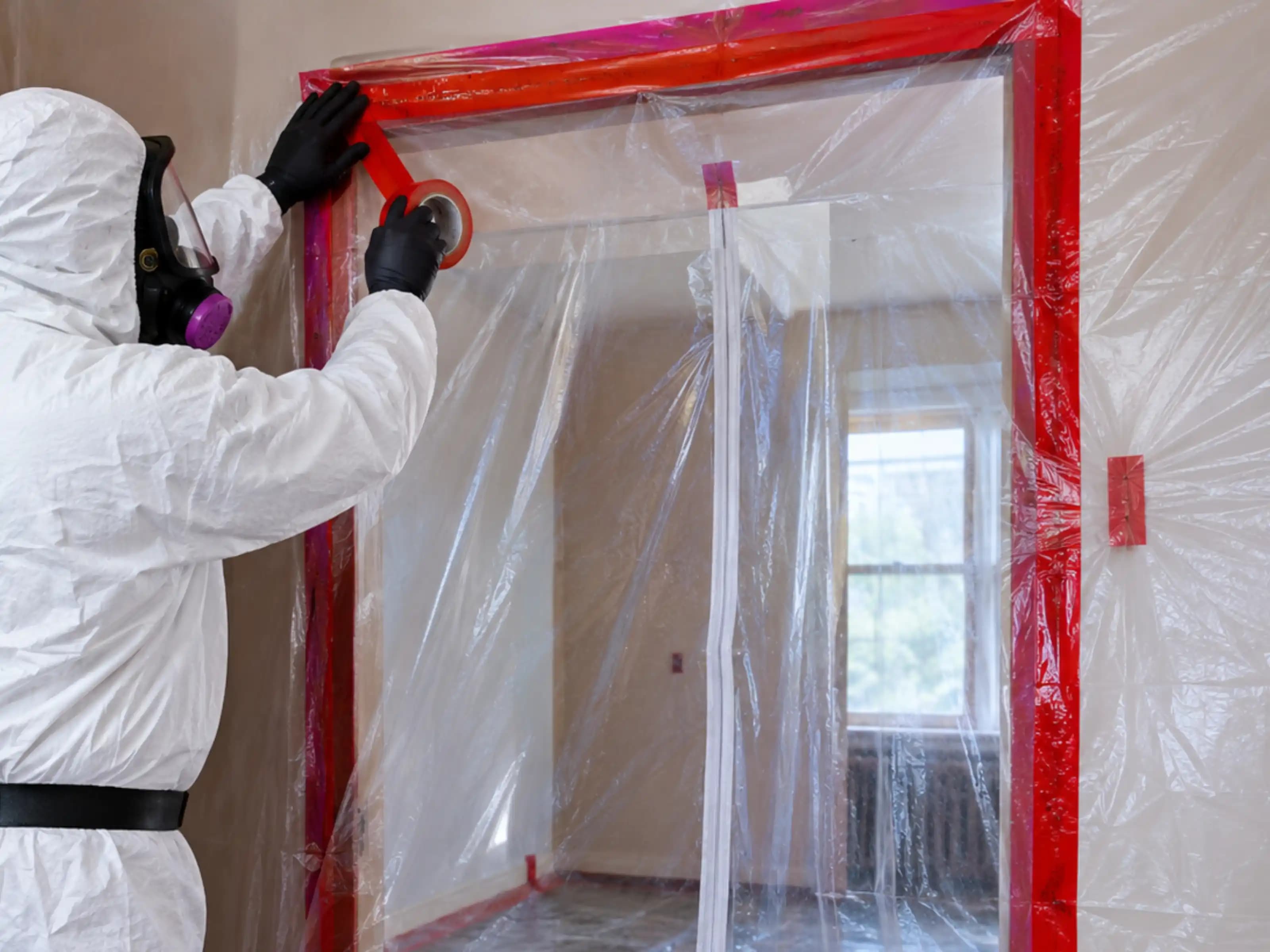Asbestos removal worker setting up poly containment barrier before abatement