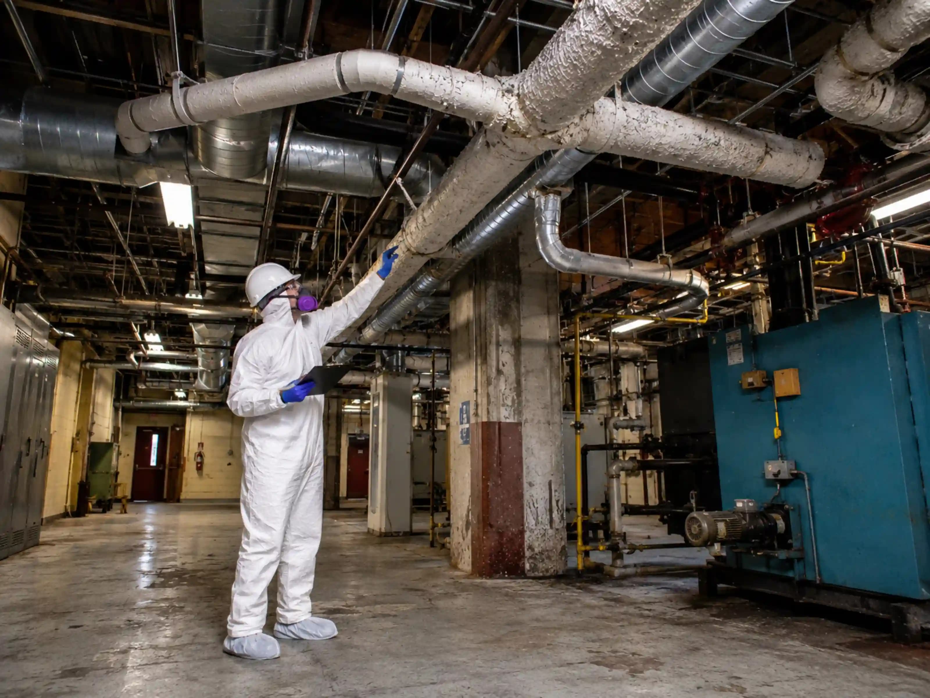 Asbestos inspector in full PPE examining pipe insulation and mechanical systems in a commercial building mechanical room