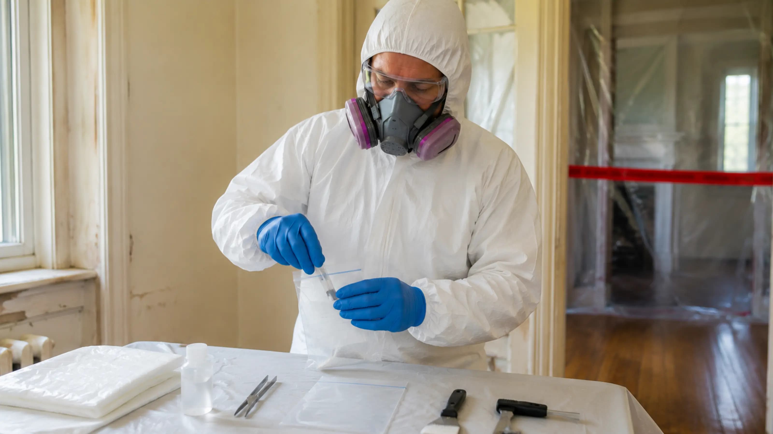 Asbestos inspector in full PPE and Tyvek suit preparing sample collection equipment inside an older building