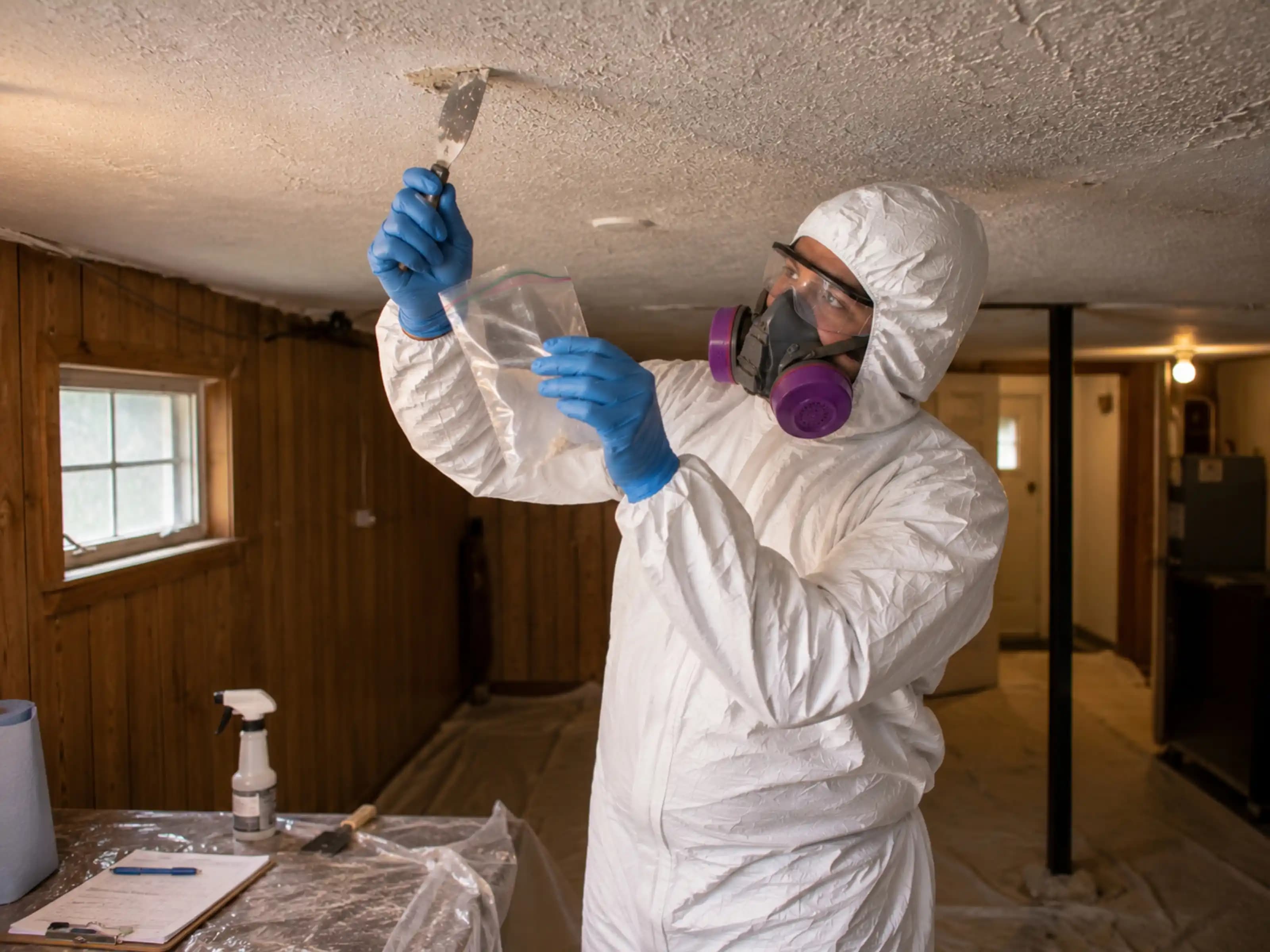 Asbestos testing technician in PPE collecting a sample from popcorn ceiling in a residential home
