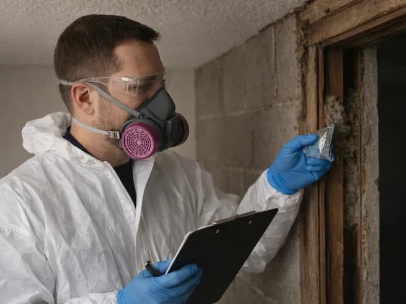 Asbestos technician in PPE preparing to collect a sample from older building material for laboratory analysis