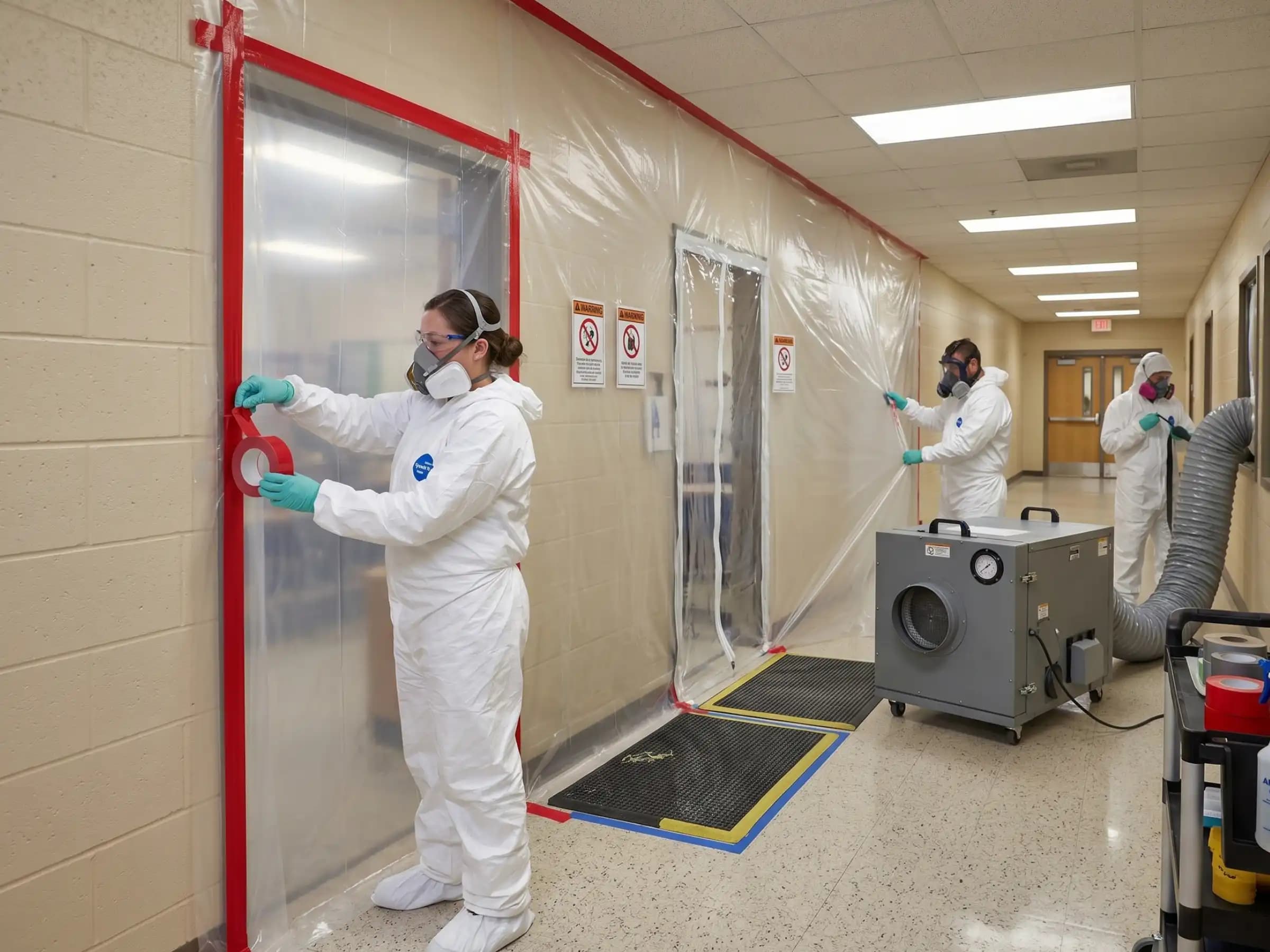 Lead abatement crew with containment and PPE working inside a commercial building
