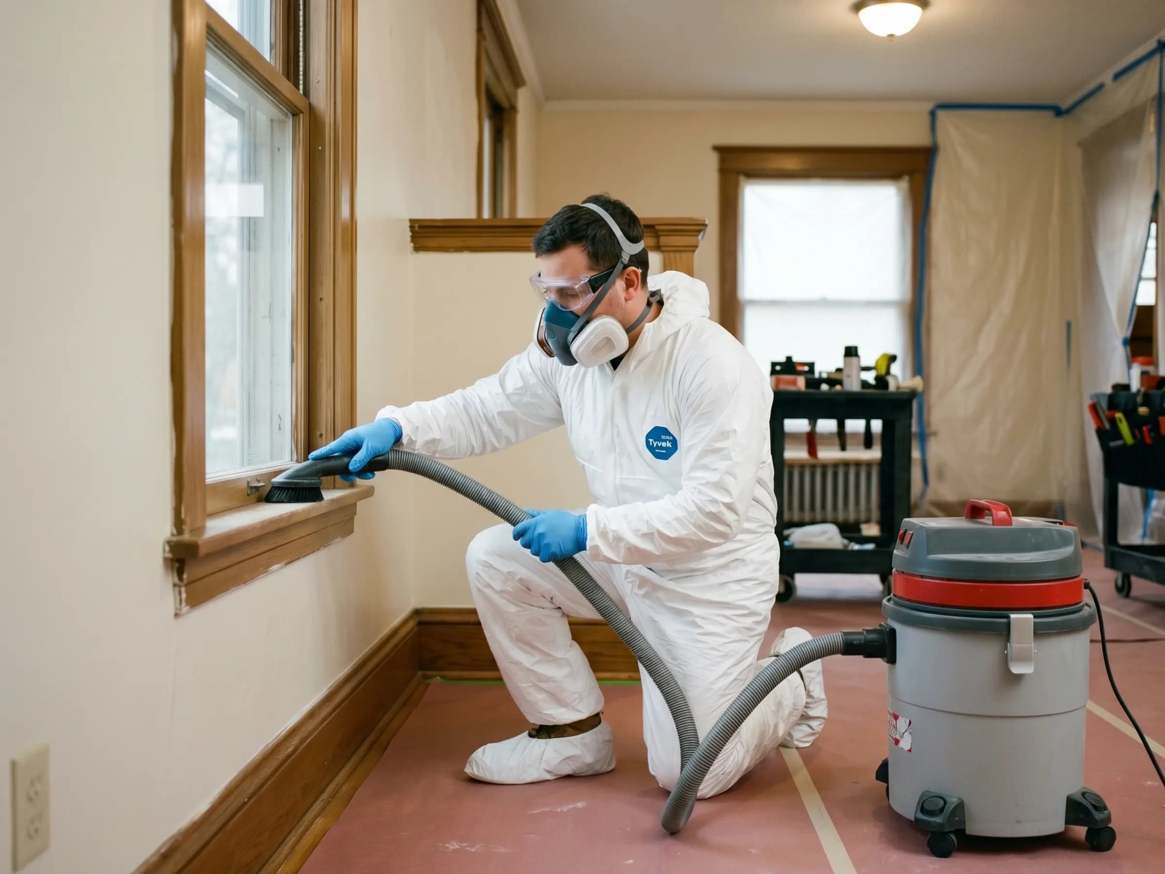 Technician completing HEPA cleanup during post-abatement clearance preparation