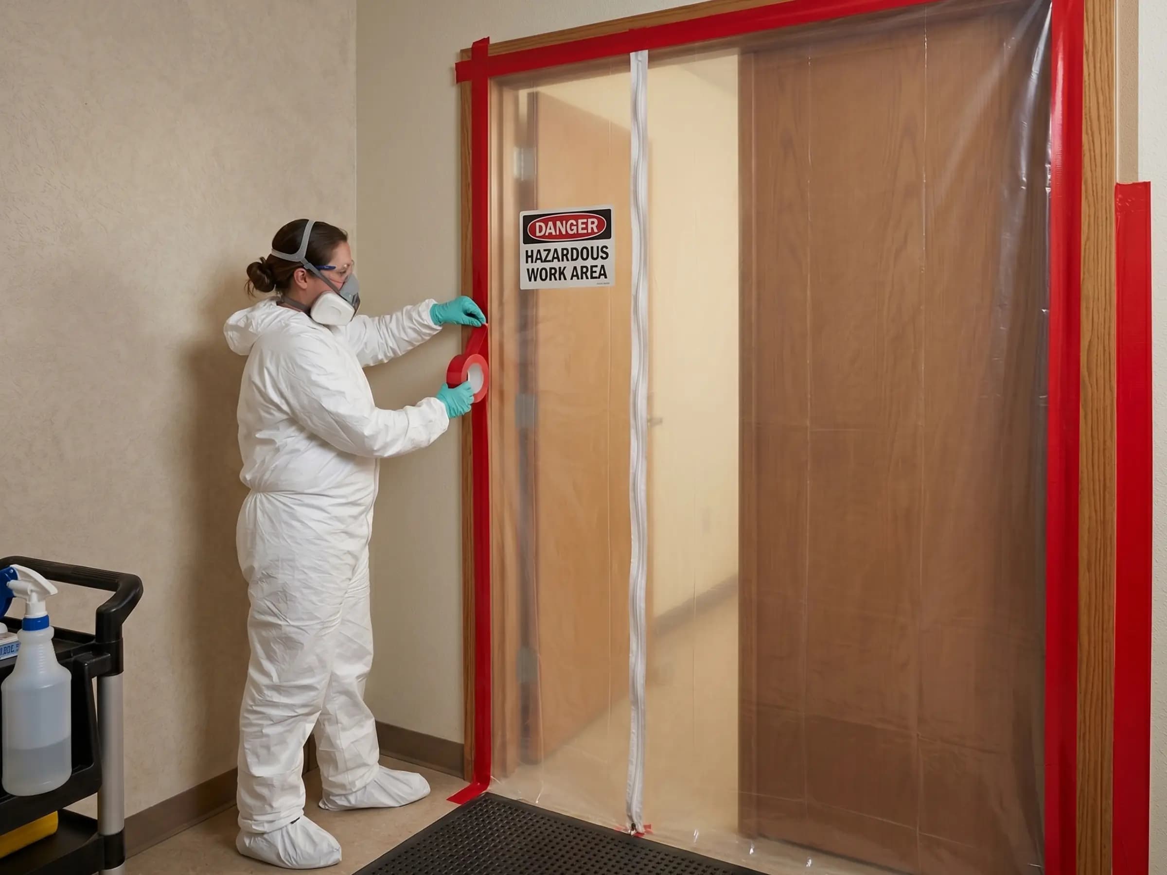 Lead abatement containment barrier sealing a doorway during an interior abatement project