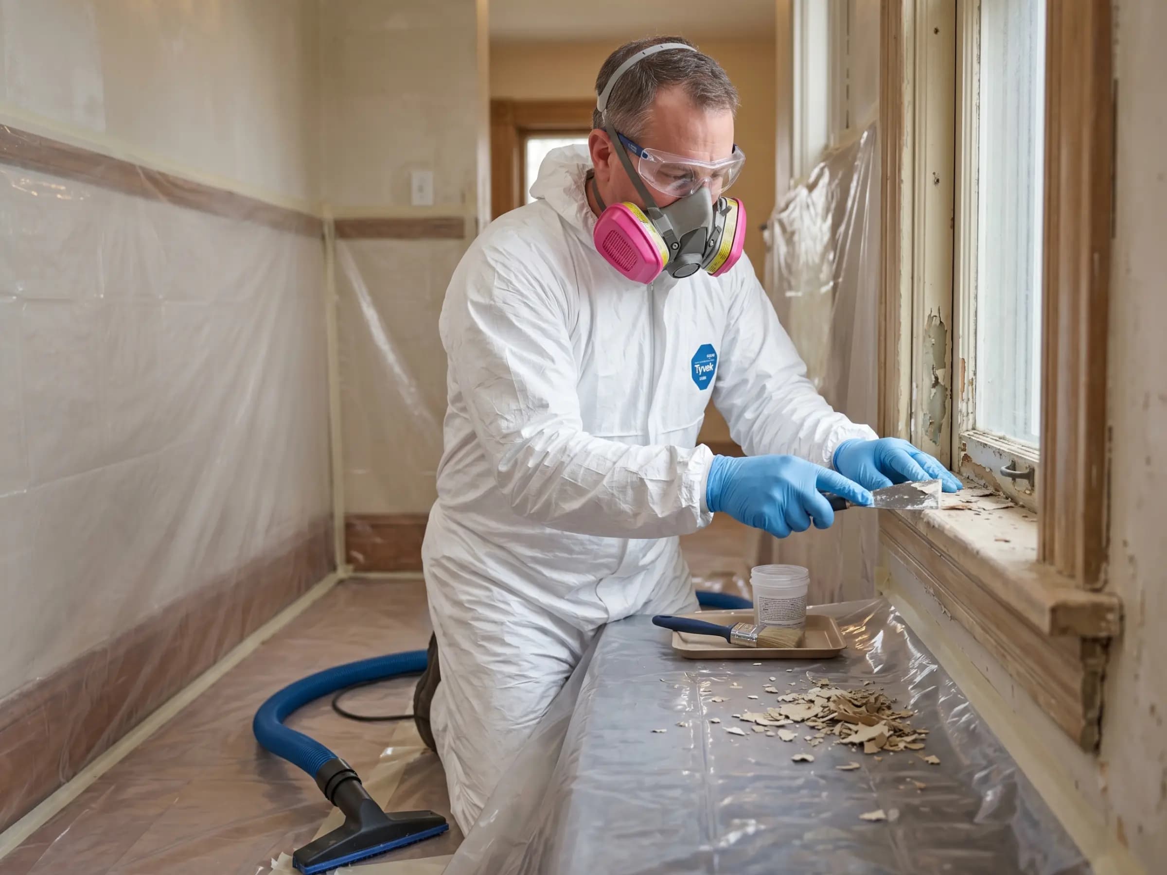 Lead abatement technician in PPE removing lead-painted trim during a residential abatement project