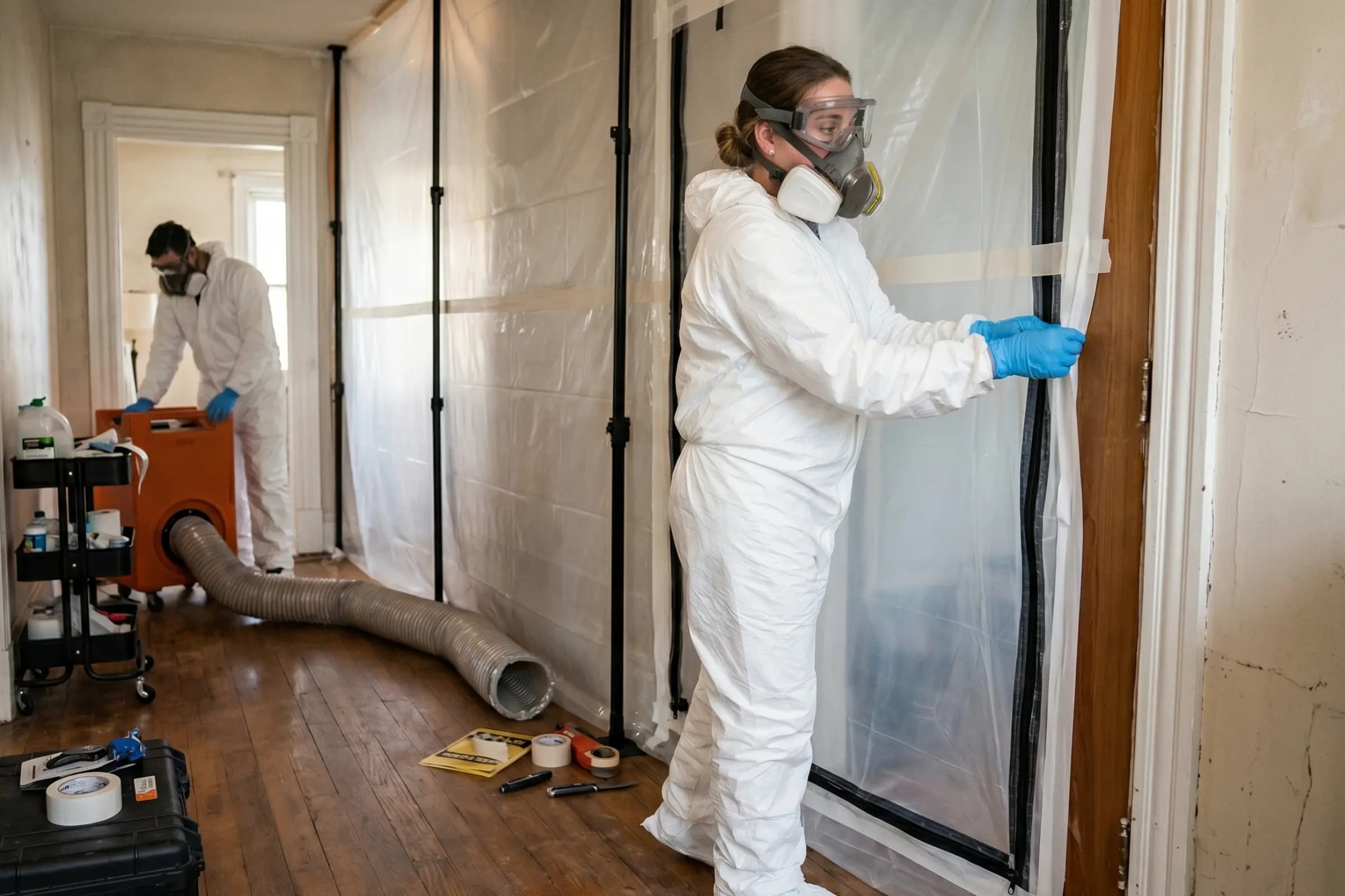 Certified lead abatement crew setting up containment barriers in a residential building