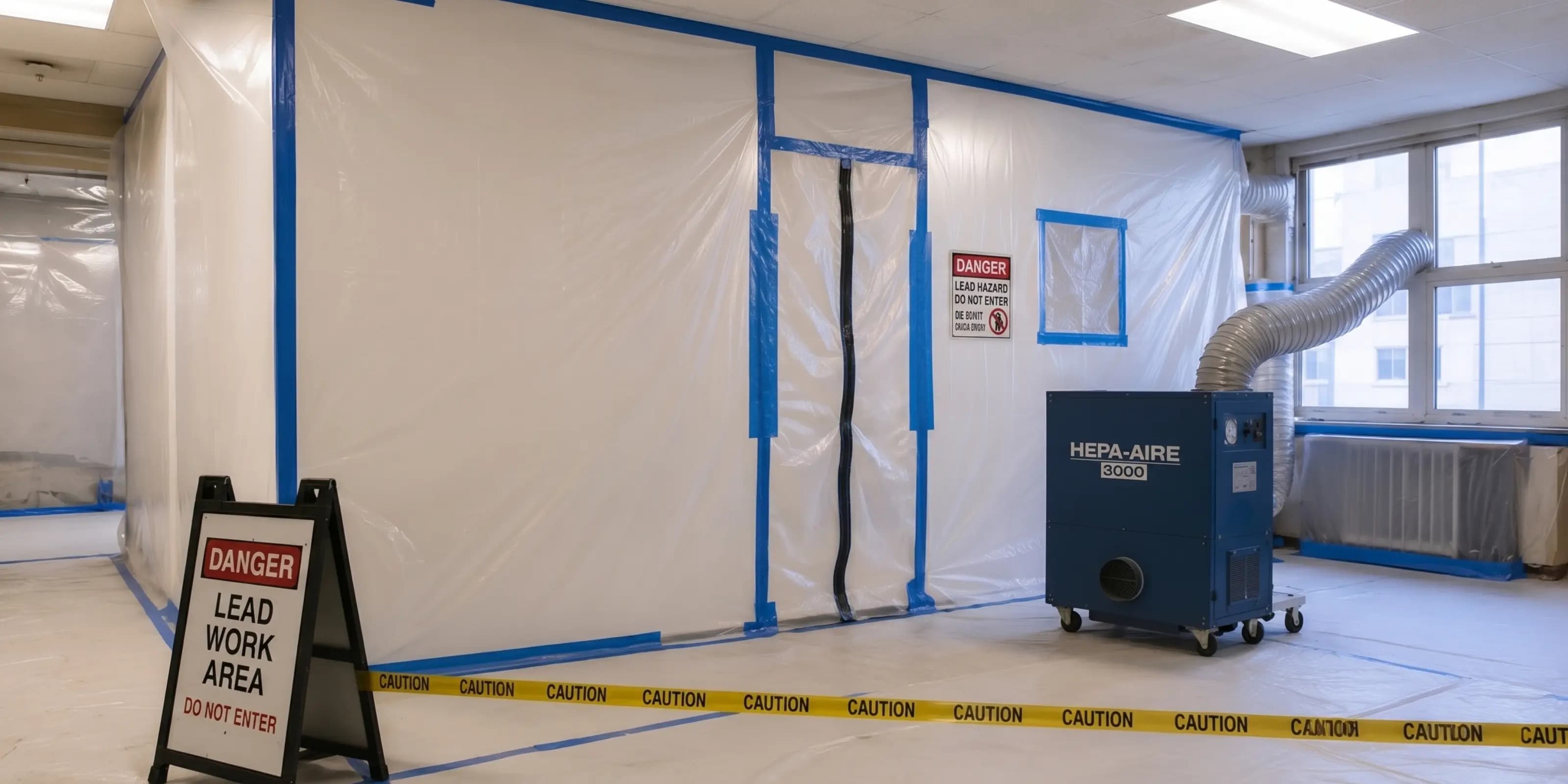 Lead abatement work zone with containment barriers and HEPA filtration equipment in place