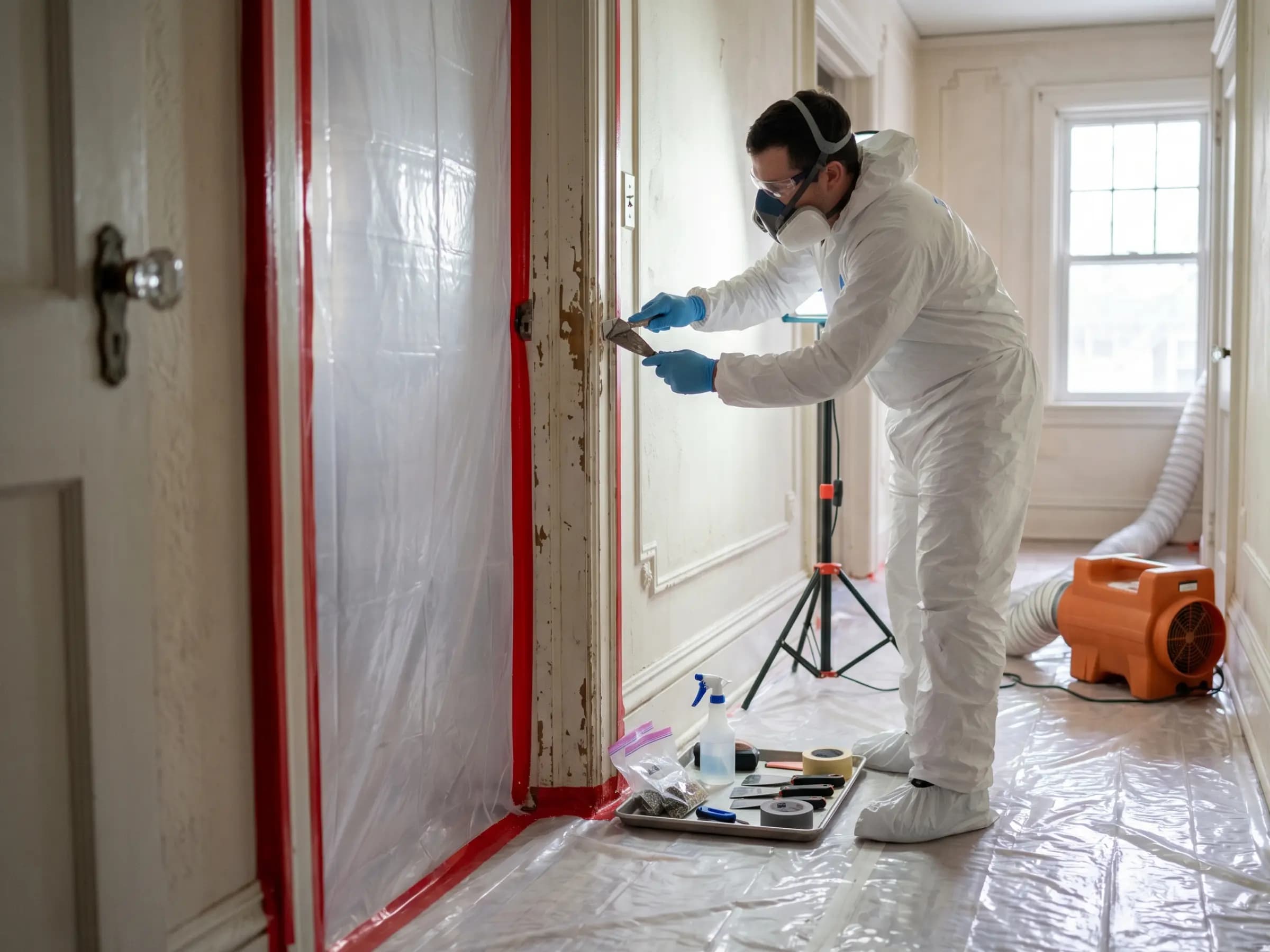 Certified lead abatement technician working on interior painted surfaces inside a residential home