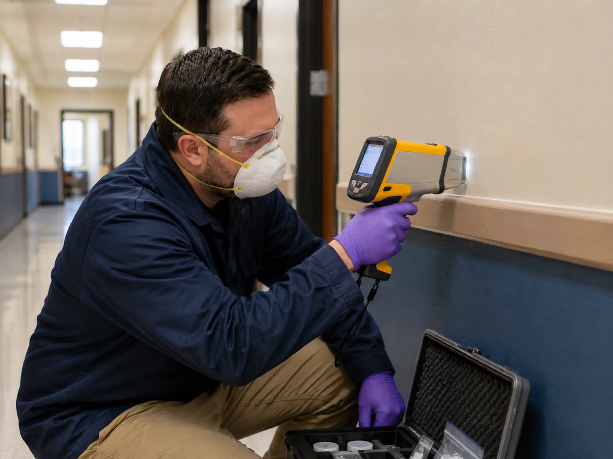 Certified lead inspector testing painted surfaces in a commercial building interior