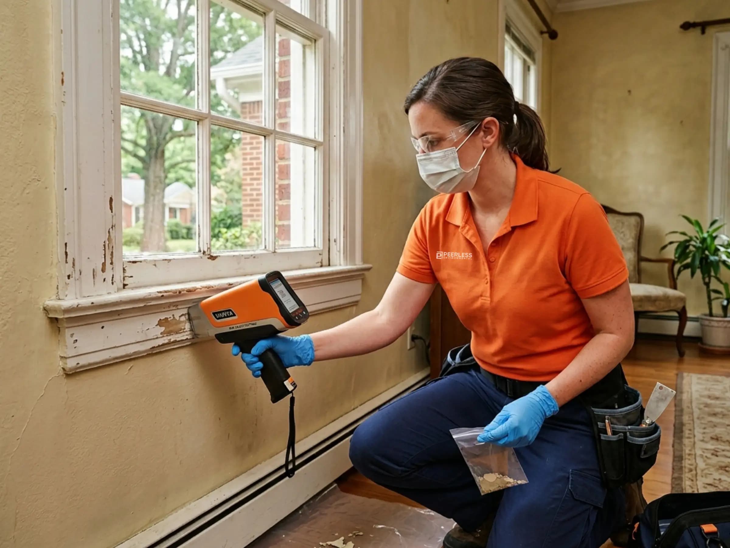 Certified lead paint inspector testing interior painted surfaces in an older residential home