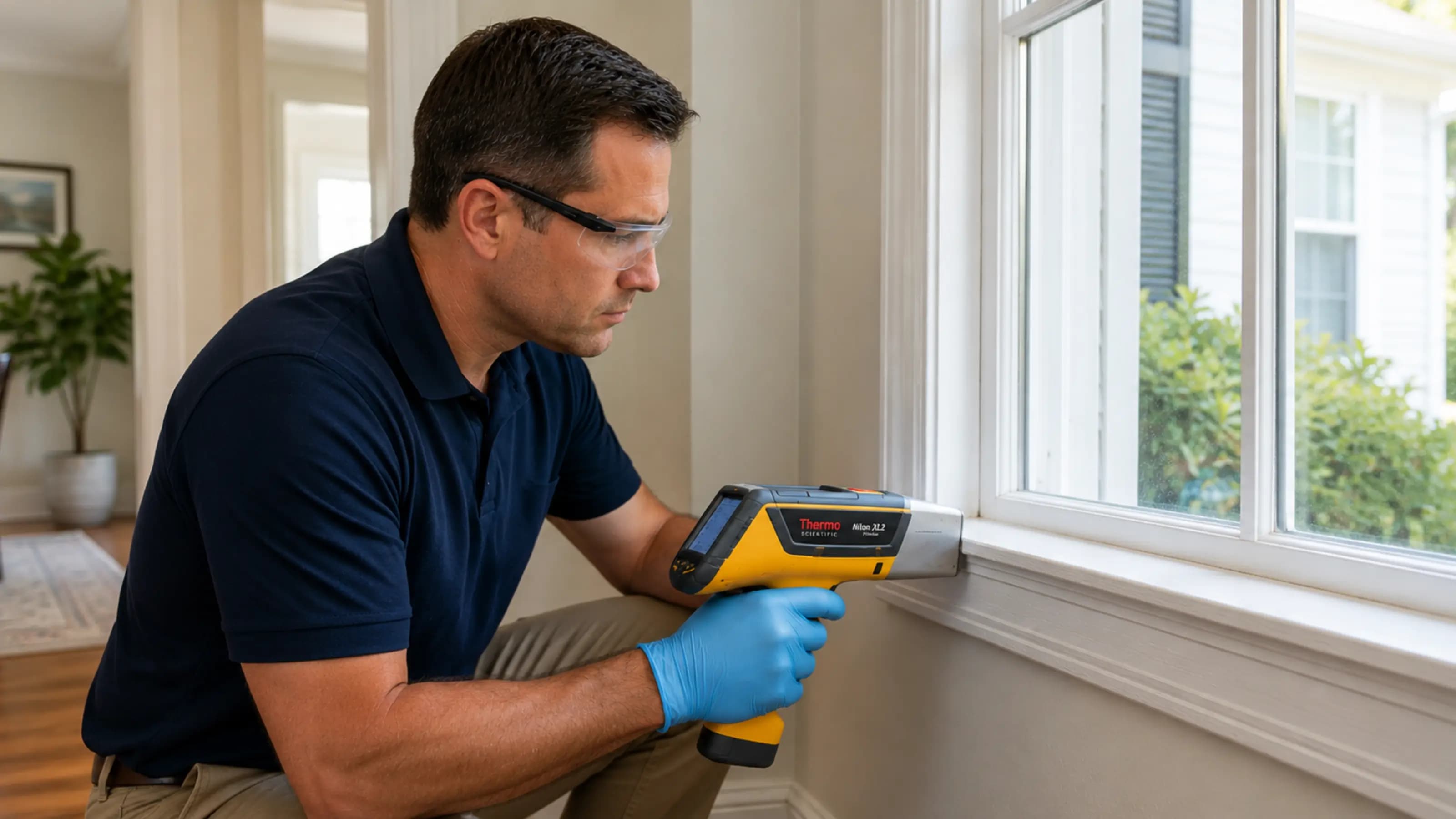 Certified lead inspector preparing to take a surface wipe sample on painted trim in a residential interior