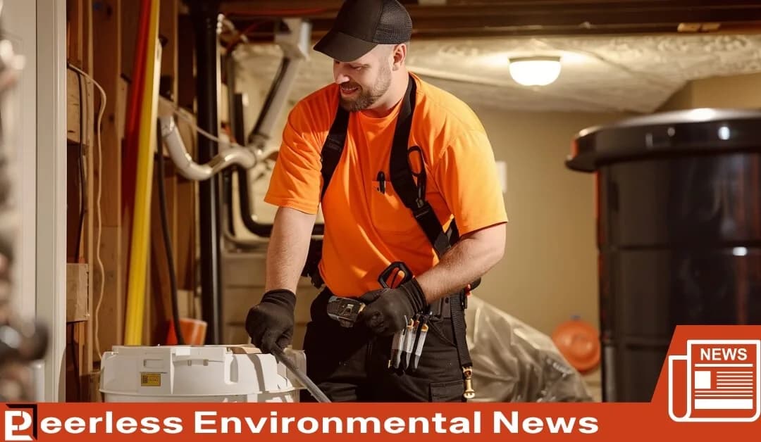 A Peerless Environmental technician at work in a residential basement.