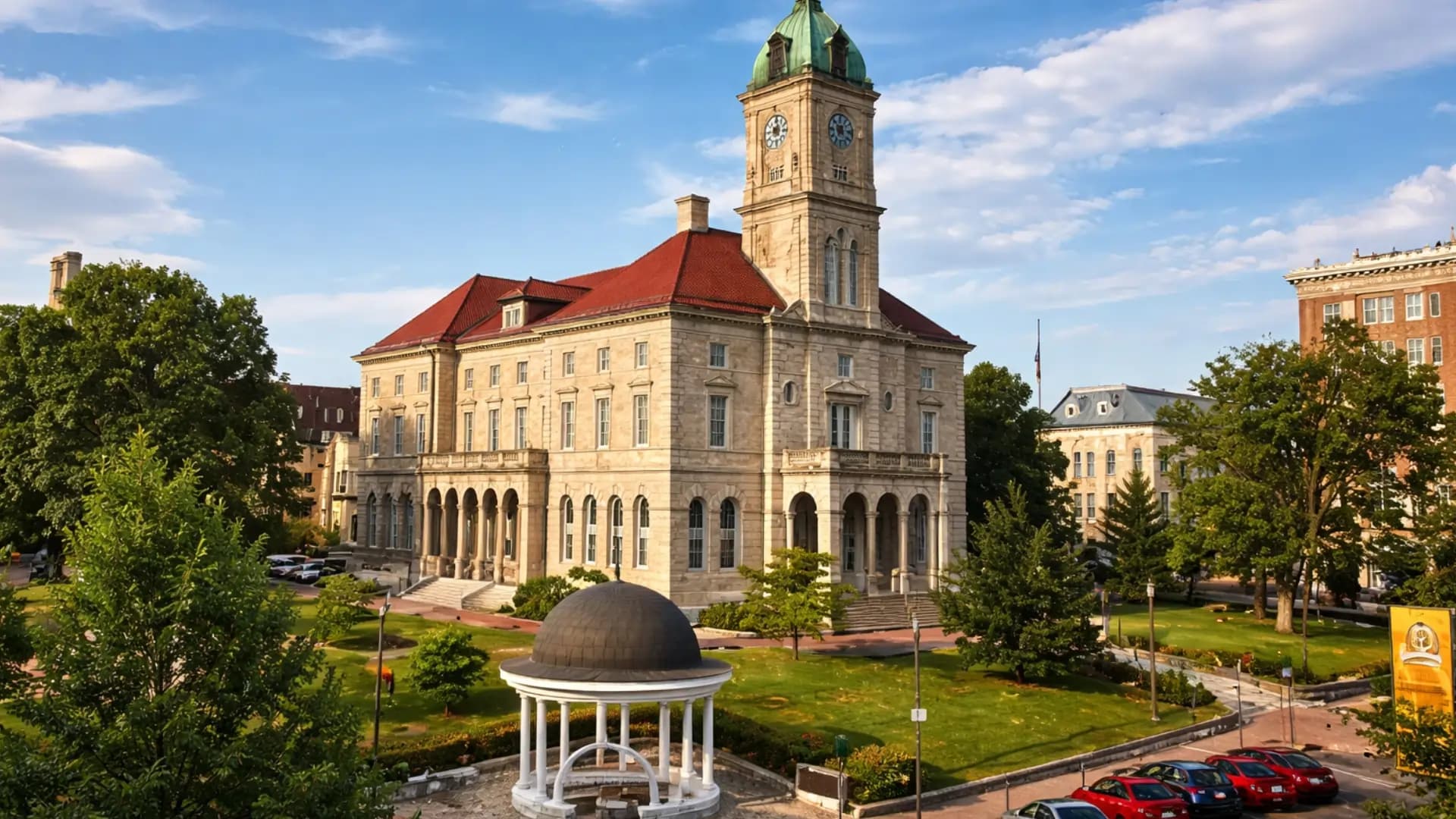 Aerial view of downtown Harrisonburg, Virginia with the Shenandoah Valley mountains in the background