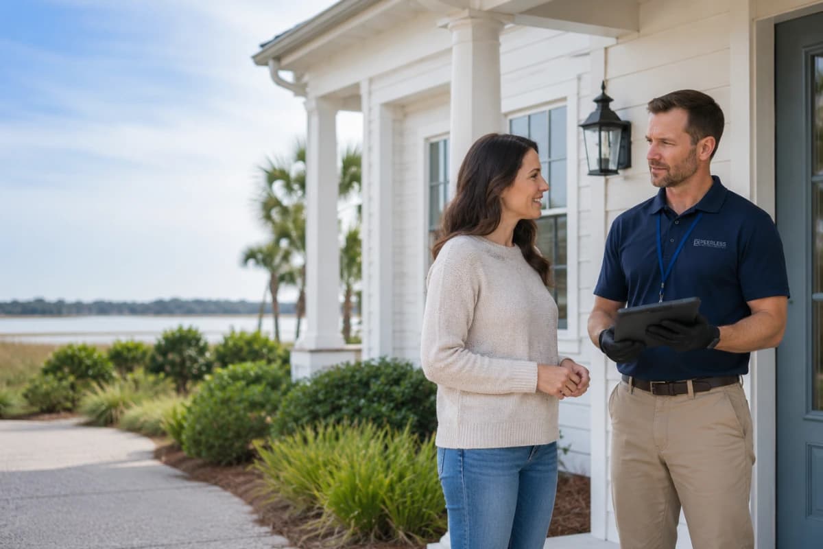 Peerless Environmental inspector reviewing results with a homeowner outside a South Carolina coastal home