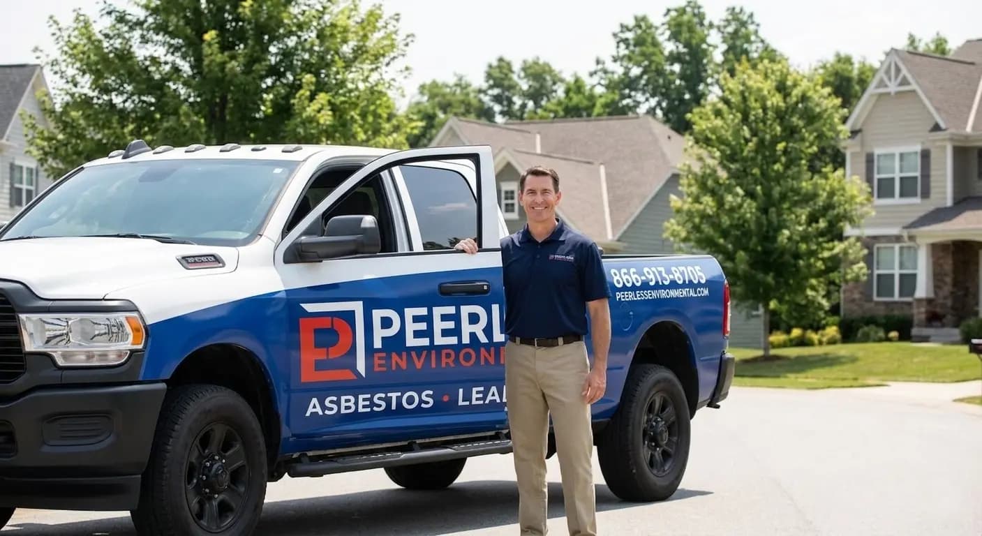 Peerless Environmental technician standing beside branded service vehicle