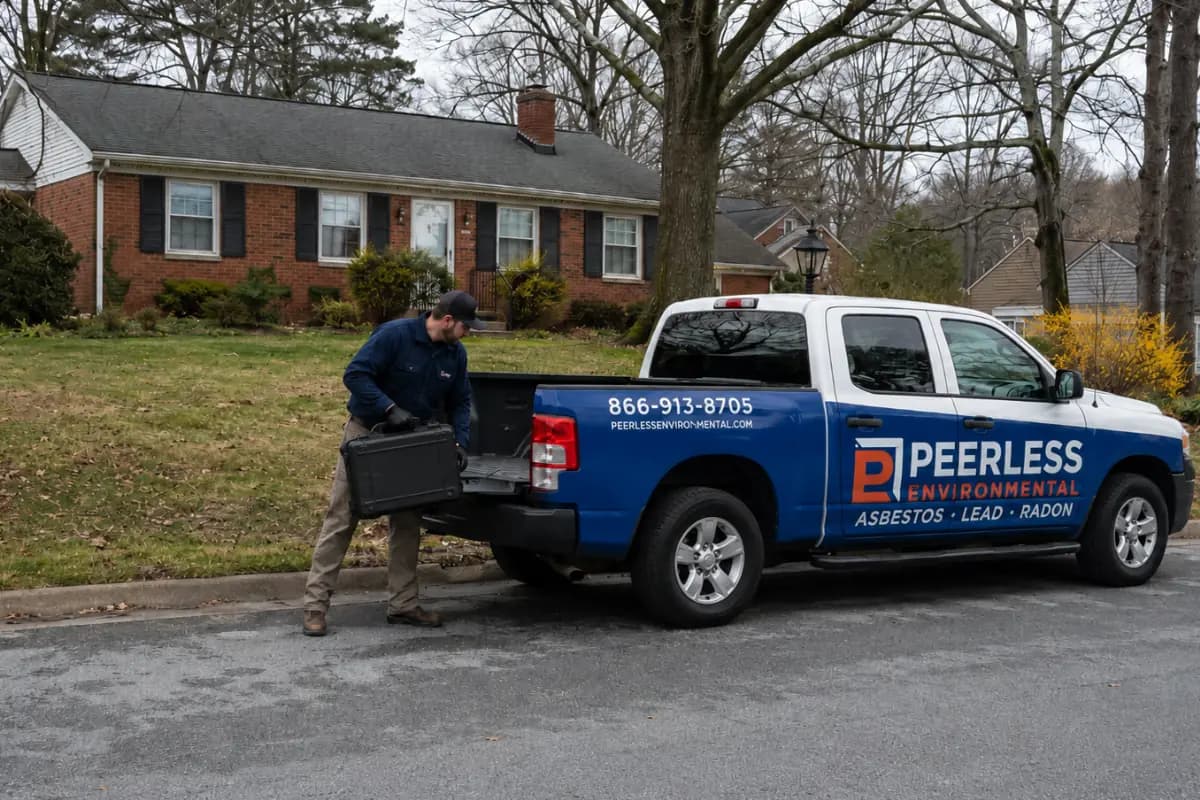 Peerless Environmental technician unloading equipment from a branded truck outside a Virginia home