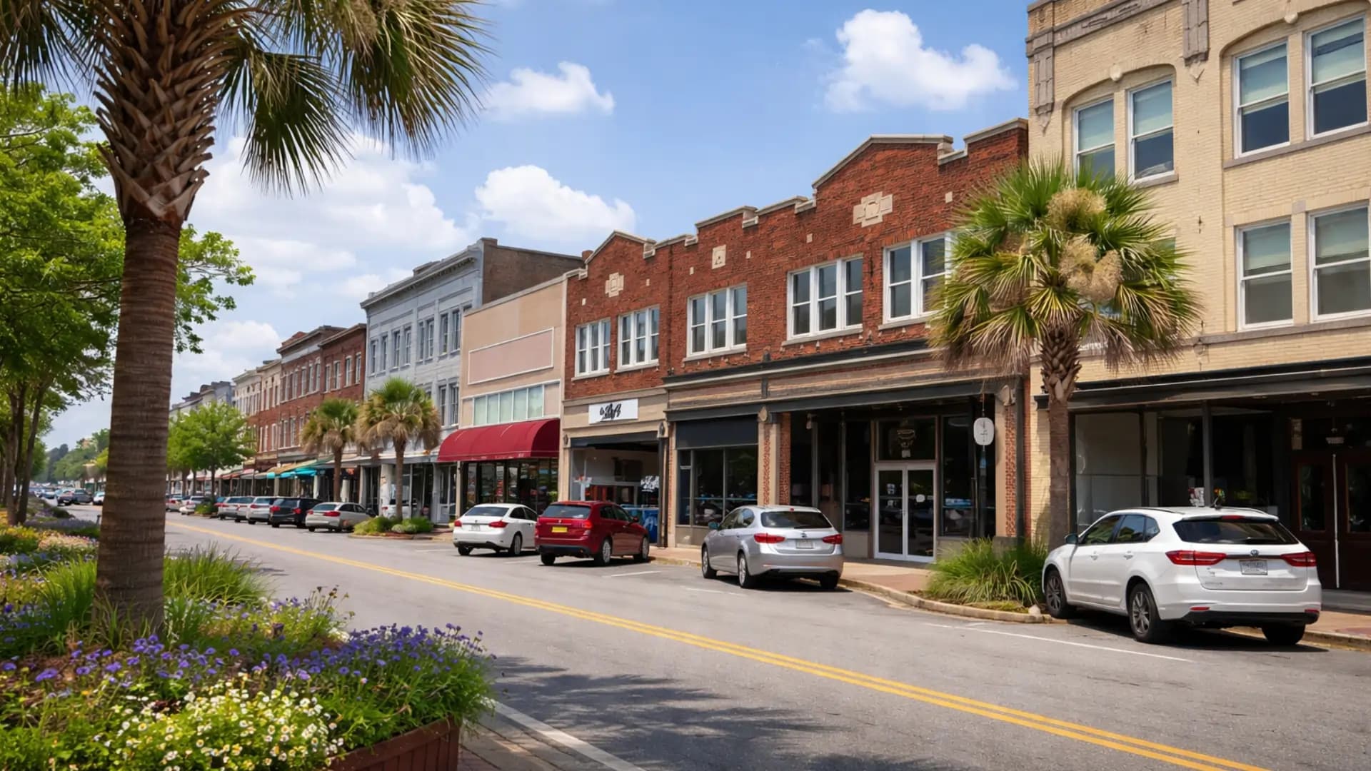Downtown Florence, South Carolina main street with palm trees, flowering plants, and historic brick storefronts