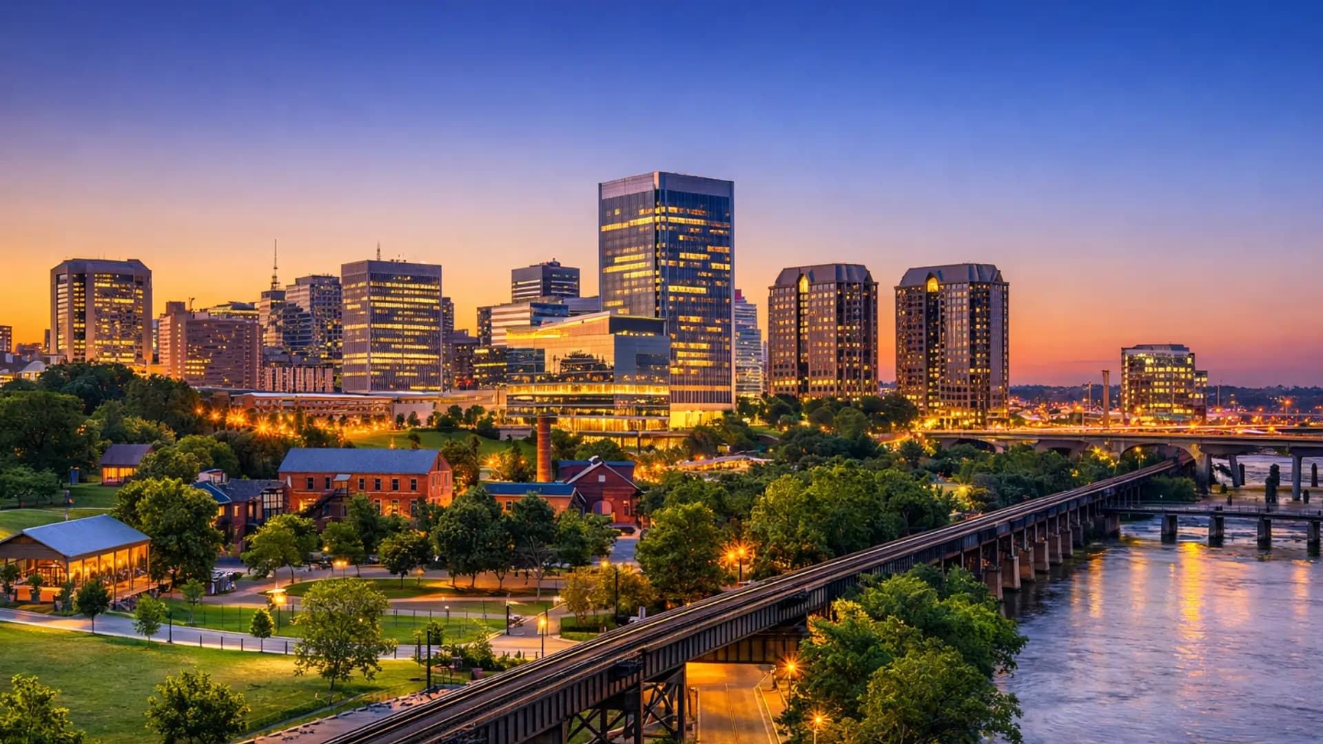 Richmond, Virginia skyline featuring the James River and historic neighborhoods