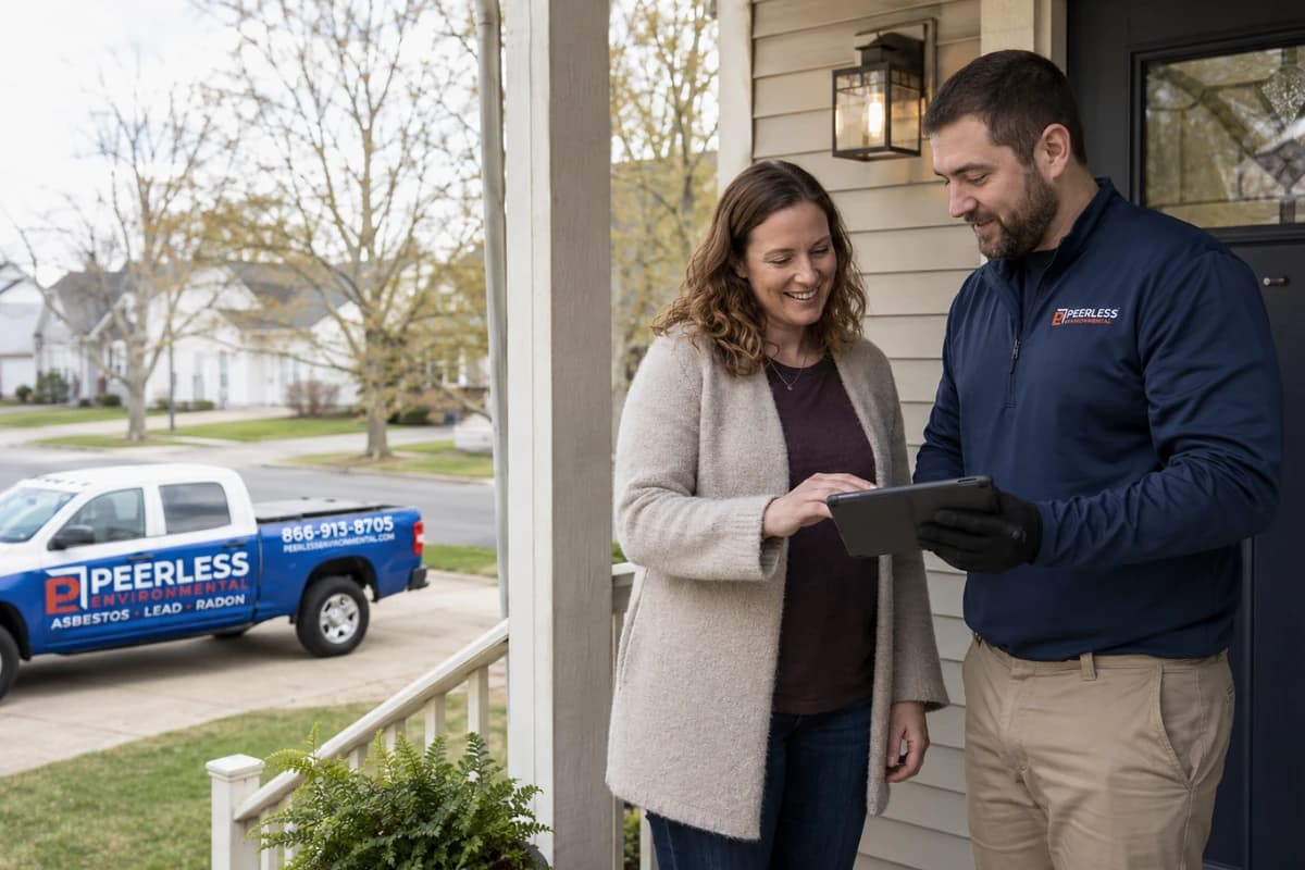 Peerless Environmental technician reviewing findings with a satisfied homeowner on a front porch