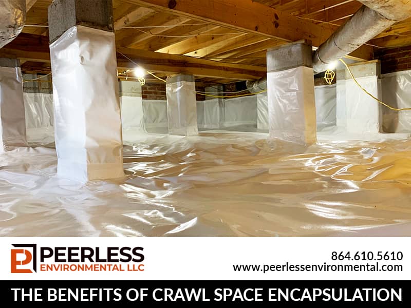 Image showcasing the benefits of crawl space encapsulation by Peerless Environmental LLC. The crawl space is covered in white plastic sheeting, contrasting with the wooden beams. The company’s contact details are displayed in black text.