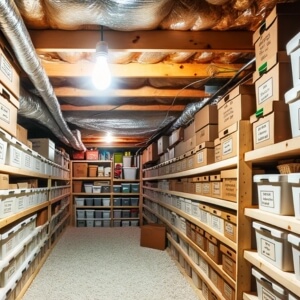 Well-organized crawl space storage area with labeled boxes on wooden shelves and a single overhead light bulb illuminating the area.