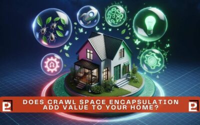 Icons representing the benefits of crawl space encapsulation, such as air quality and energy efficiency, surrounding an image of a house.