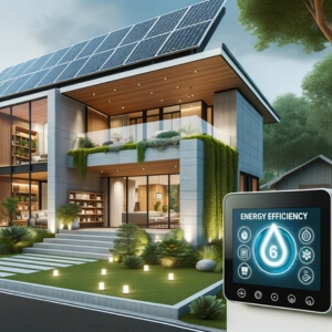 Modern eco-friendly home with solar panels on the roof, lush greenery, and a digital tablet displaying an energy efficiency rating of 6 in the foreground.