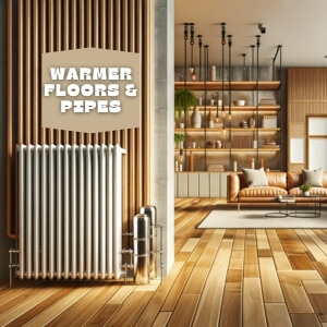 A cozy room illuminated by ambient lighting, showcasing a sleek radiator on a wooden floor. The space gives off a warm and inviting vibe, juxtaposed with chic furniture and open shelving.