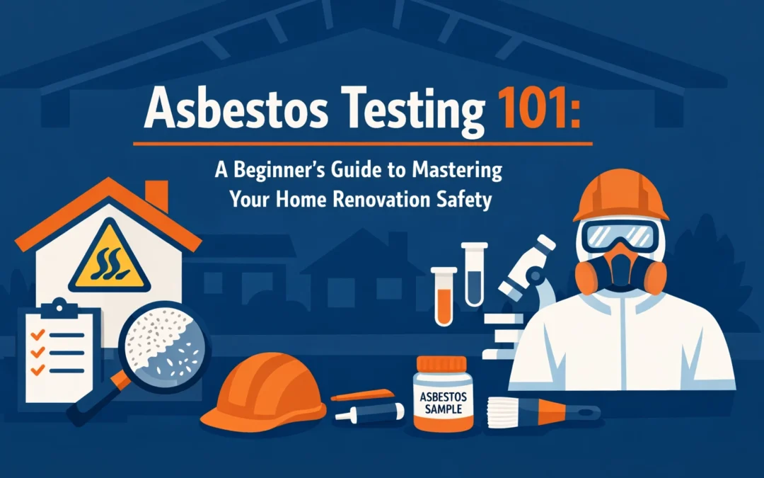 A comprehensive illustration for Asbestos Testing 101: A Beginner’s Guide to Mastering Your Home Renovation Safety, featuring a technician in a hazmat suit and testing equipment.