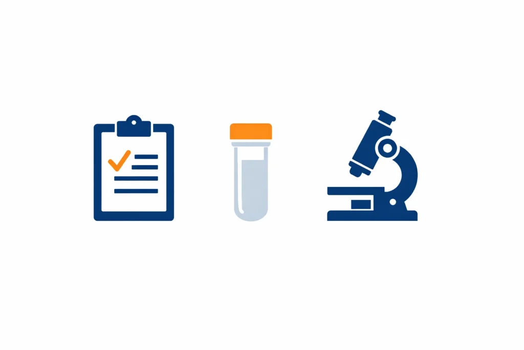 Flat icons of a medical checklist, a sample collection tube, and a microscope used for asbestos testing and analysis.