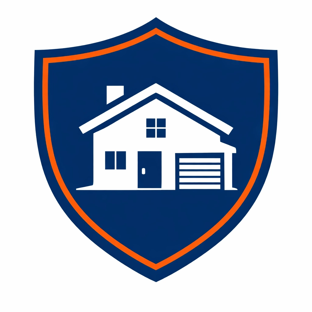 A blue and orange shield icon featuring a white house silhouette, symbolizing home renovation safety and protection.