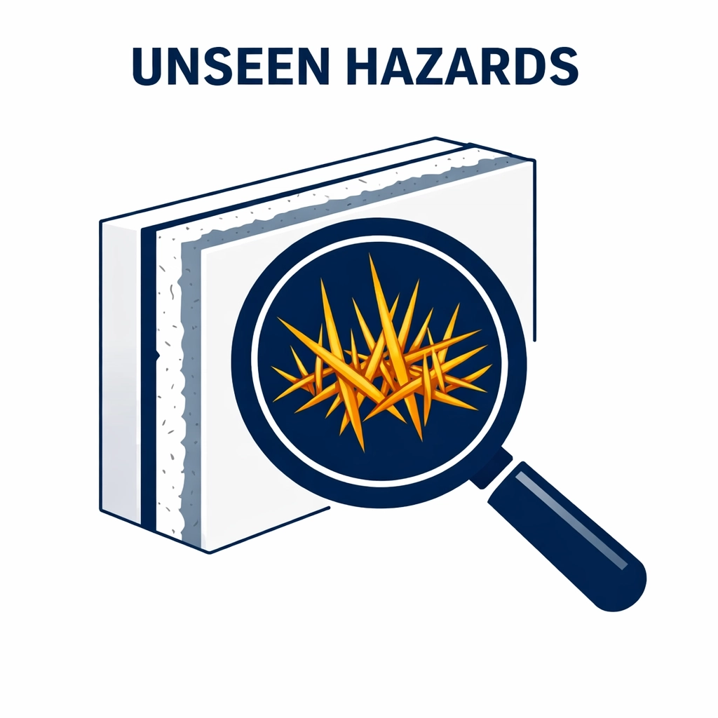 A magnifying glass revealing sharp, microscopic asbestos fibers hidden within a piece of drywall, labeled "Unseen Hazards".