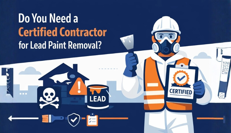 Certified contractor in protective gear for lead paint removal with lead hazard symbols and certification clipboard