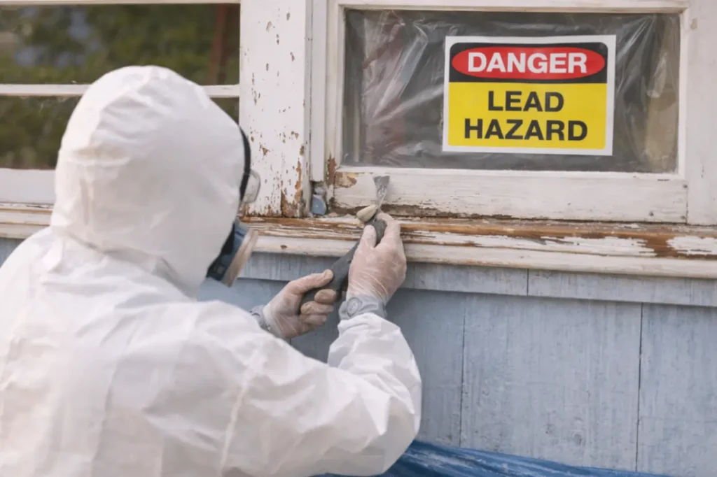 Lead Hazard Contractor Inspection at Window Trim Contractor in protective gear scraping old window trim with a lead hazard warning sign posted nearby