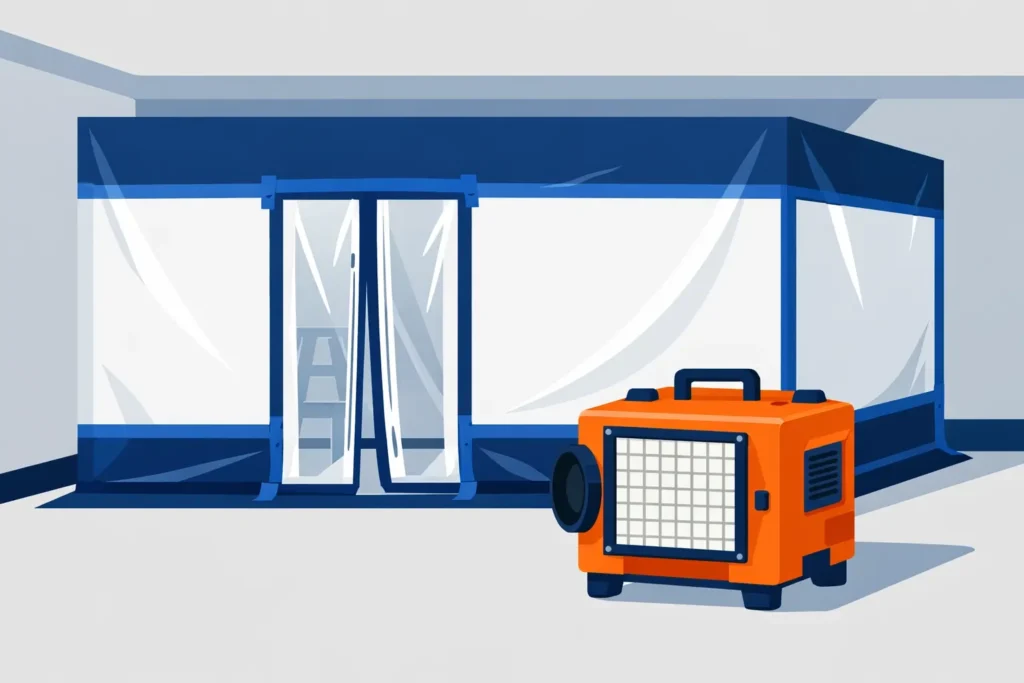 Lead Paint Containment and HEPA Filtration Setup Illustration of a sealed containment area with plastic barriers and a HEPA air filtration machine for lead paint removal