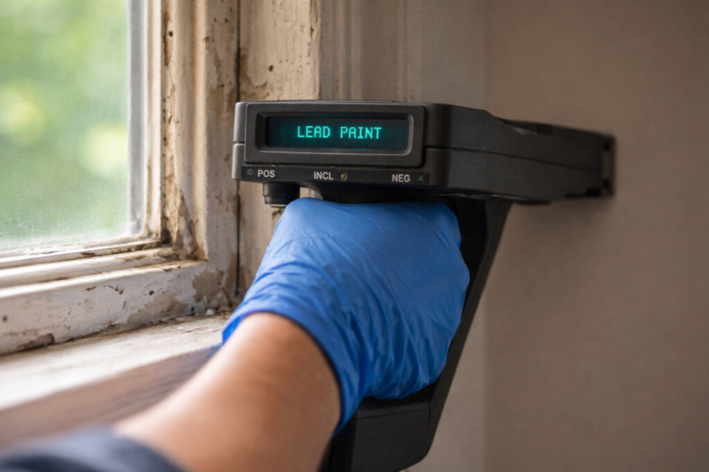 Lead Paint Testing on Old Window Trim Technician using a lead paint testing device on old painted window trim